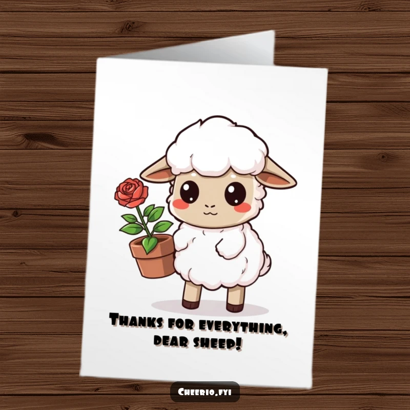 Funny Free Printable Thank You Card: Determined sheep offers a potted rose, a symbol of thanks, a charming downloadable token.