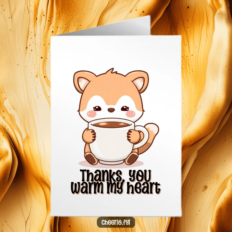 Funny free printable thank you card of an animal character offering a warm cup of cocoa, expressing heartfelt thanks with a comforting beverage.