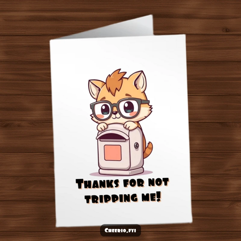 Funny Free Printable Thank You Card: A playful animal in large glasses trips over a post box, offering a humorous thank you.