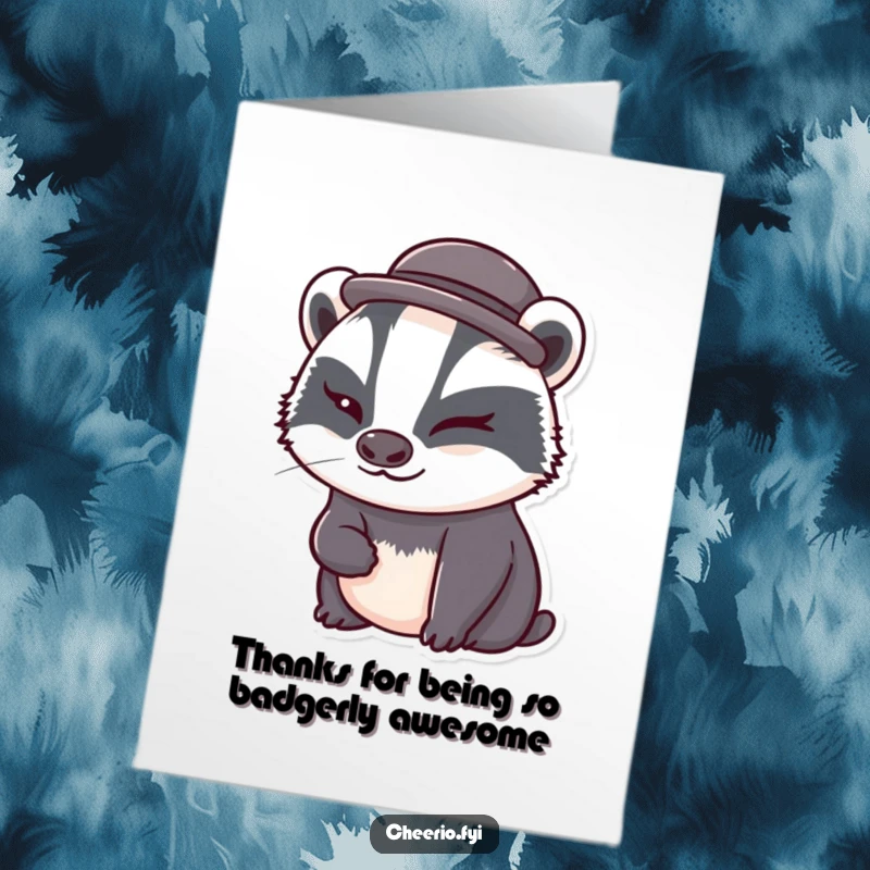 Funny Free Printable Thank You Card: A cute badger sporting a bowler hat gives a charming wink.