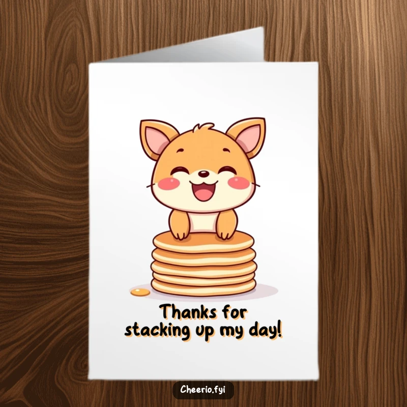 Funny Free Printable Thank You Card with a joyful animal grinning widely while balancing on pancakes.
