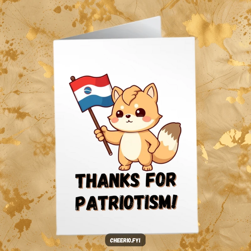 Funny Free Printable Thank You Card: A proud animal with a determined expression gestures towards a stylized flag, showing great appreciation.