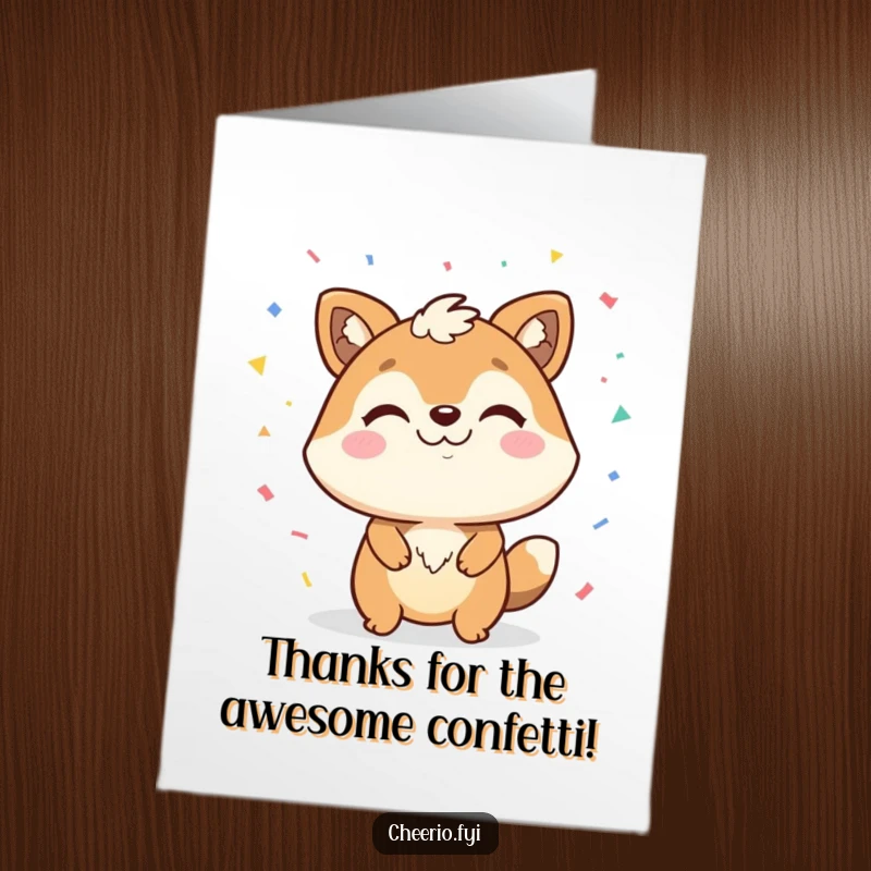 Funny Free Printable Thank You Card depicting a happy animal character with a confident smirk throwing confetti.
