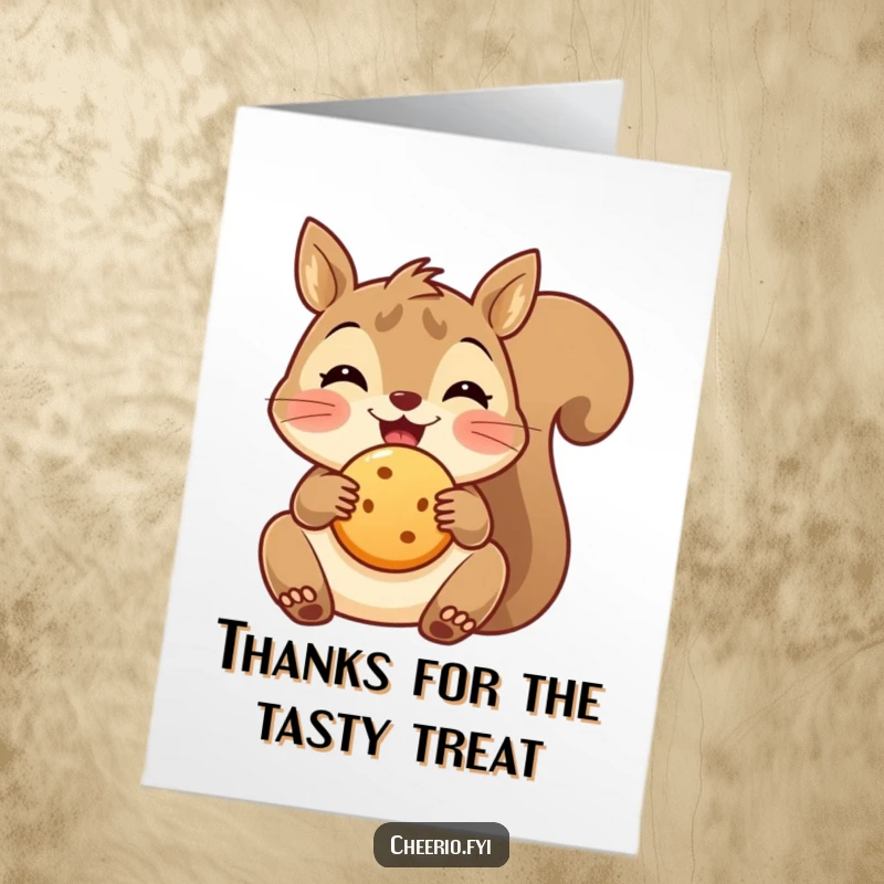 Funny Free Printable Thank You Card of a delighted squirrel holding a small biscuit, great for a charming thank you.