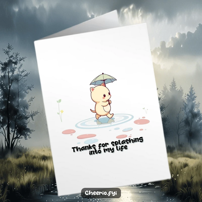 Funny Free Printable Thank You Card with a creature in an umbrella crossing a puddle, a delightful downloadable gesture.