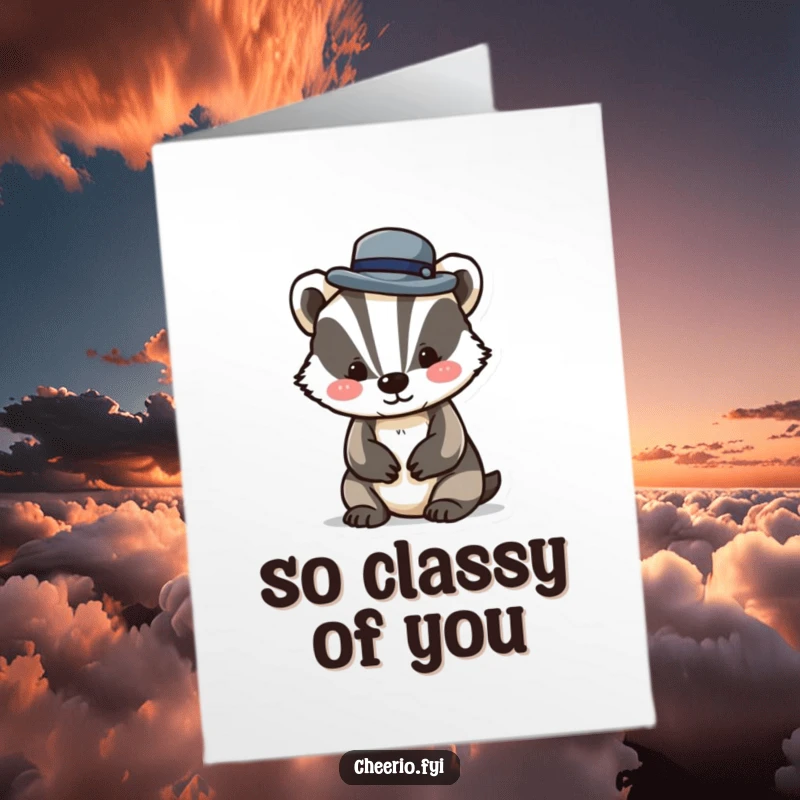 Funny Free Printable Thank You Card featuring a playful badger tipping a tiny bowler hat with a polite and cheerful expression.