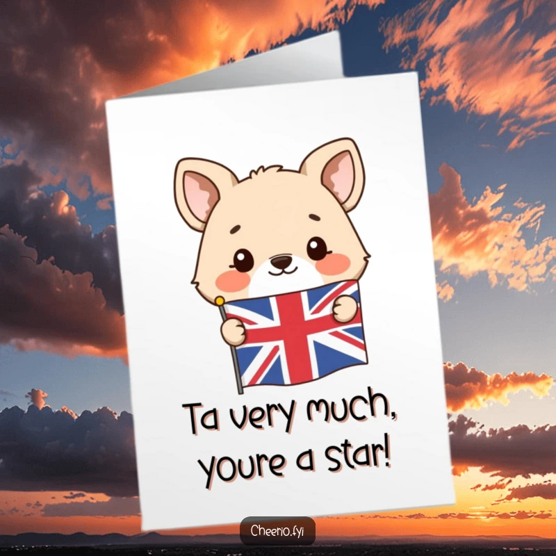 Funny Free Printable Thank You Card showing a happy animal peeking from behind a small Union Jack flag, ready to say thanks.