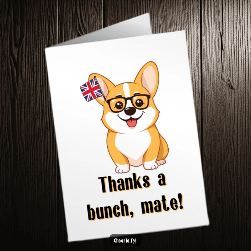 Funny Free Printable Thank You Card: A distinguished corgi with a monocle offers a grateful wave and a tiny flag.