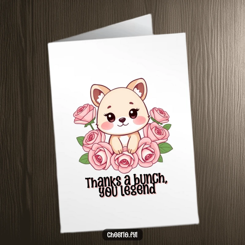 Funny Free Printable Thank You Card: Cheeky animal peeking through stylized roses, offering a humorous thank you, easy print at home.