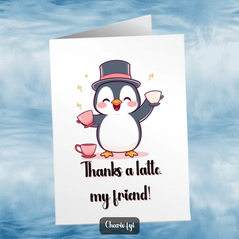 Funny Free Printable Thank You Card: A delighted penguin in a bowler hat juggles teacups, offering thanks.