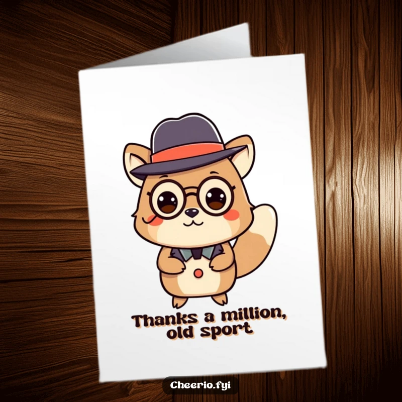 Funny Free Printable Thank You Card: An animal character wearing a bowler hat and monocle performs a polite curtsey, conveying thanks.