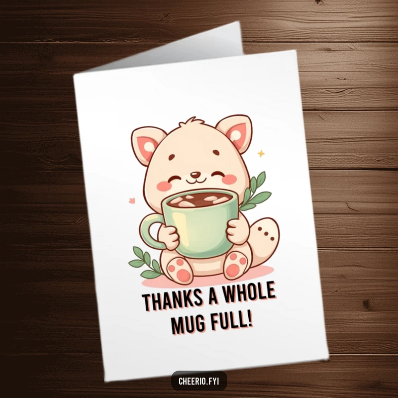 Funny Free Printable Thank You Card: an animal character offering a warm cup of cocoa as a gesture of sincere thanks. A downloadable gift.