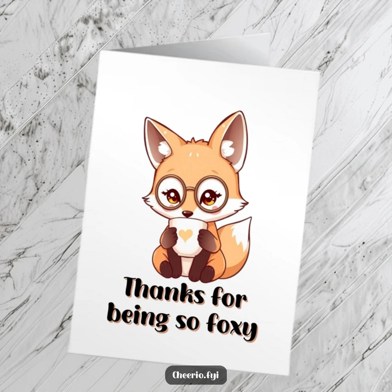 Funny Free Printable Thank You Card: Cute fox in monocle sipping tea from delicate cup, gentlemanly thanks, downloadable greeting.