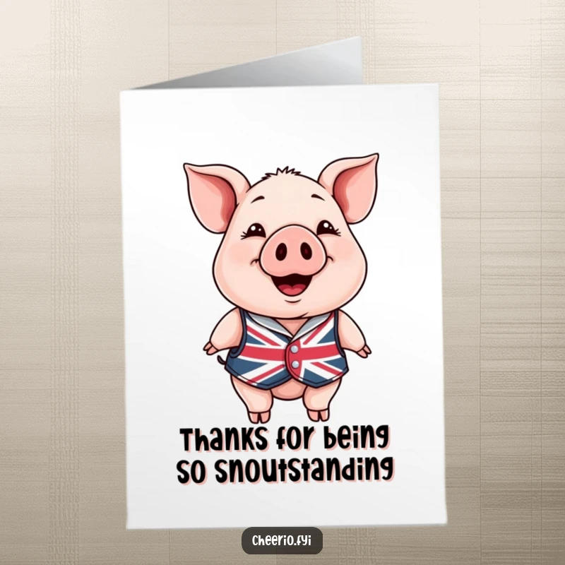 Funny Free Printable Thank You Card: A happy pig in a Union Jack waistcoat offers a warm smile and thanks.