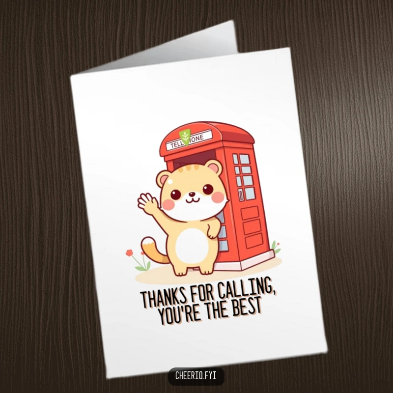Funny Free Printable Thank You Card: Animal waving hello at a red phone booth, a sweet downloadable thank you.