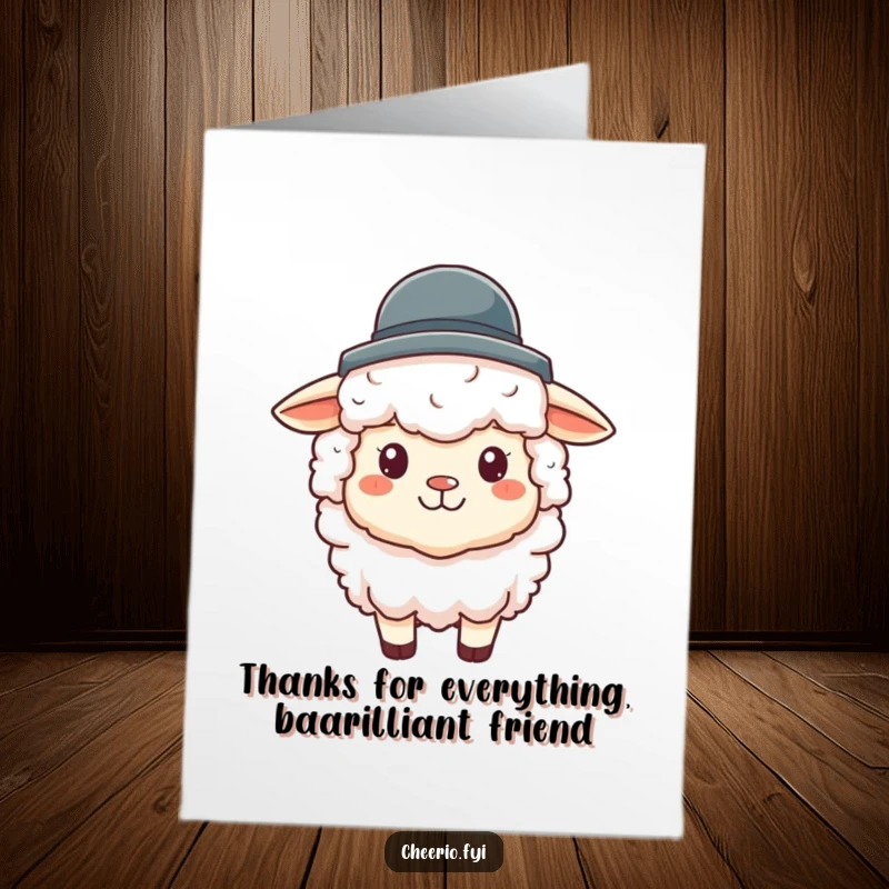 Funny Free Printable Thank You Card showcasing a fluffy sheep wearing a dapper tiny bowler hat, radiating good vibes.