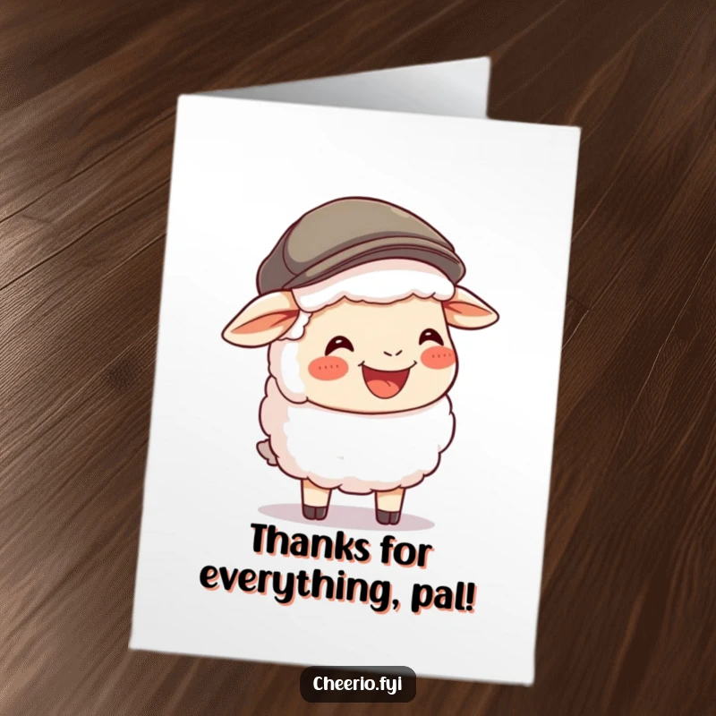 Funny Free Printable Thank You Card: A happy sheep in a flat cap offers a warm, laughing expression of thanks.