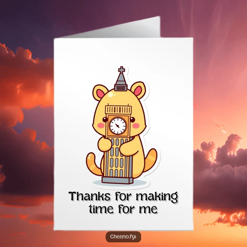 Funny Free Printable Thank You Card featuring an animal embracing a stylized Big Ben, a charming downloadable thank you.