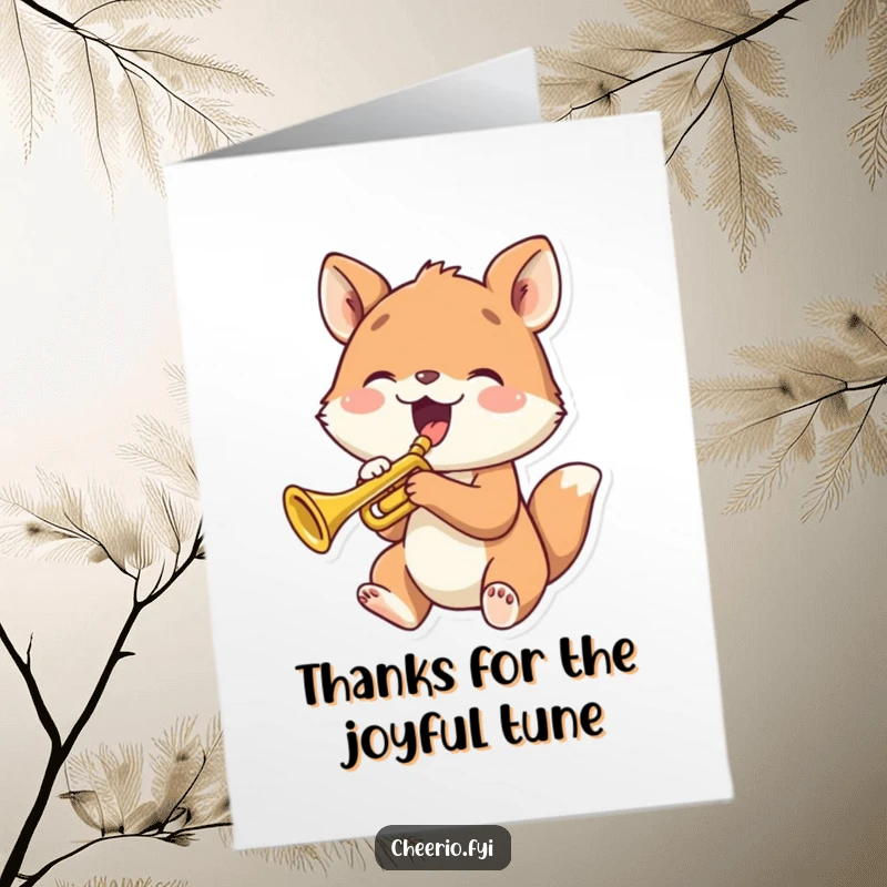 Funny Free Printable Thank You Card: An animal plays a tiny trumpet with pure joy, a sweet downloadable thank you.