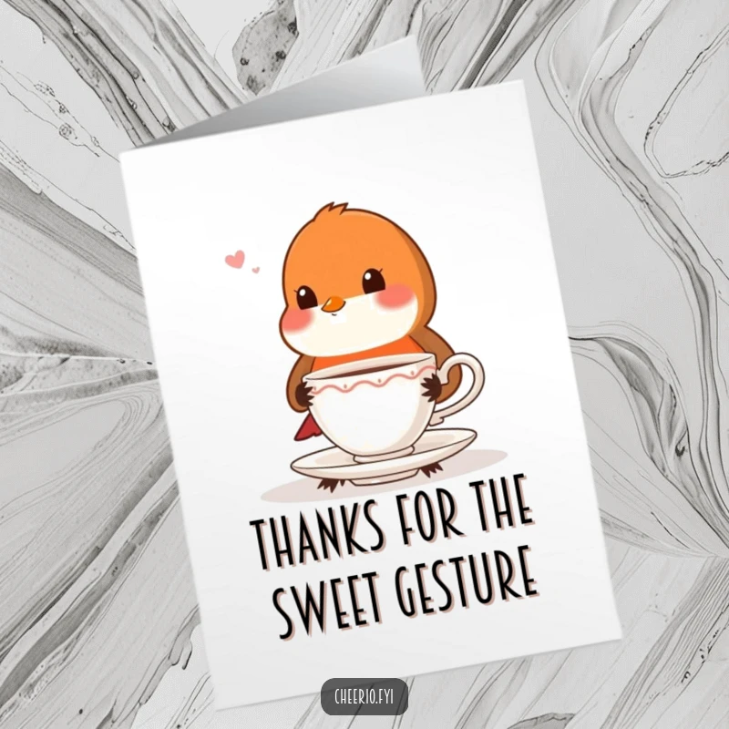 Funny Free Printable Thank You Card: Playful robin with proper posture offers teacup, polite thanks, downloadable greeting.