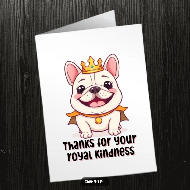 Funny Free Printable Thank You Card: Cheerful bulldog in tiny crown and regal cape smiling, grateful royalty, downloadable greeting.