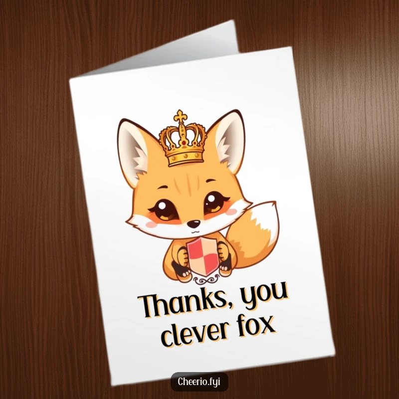Funny Free Printable Thank You Card: A wide-eyed fox curiously investigates a miniature royal crest, pondering its meaning.