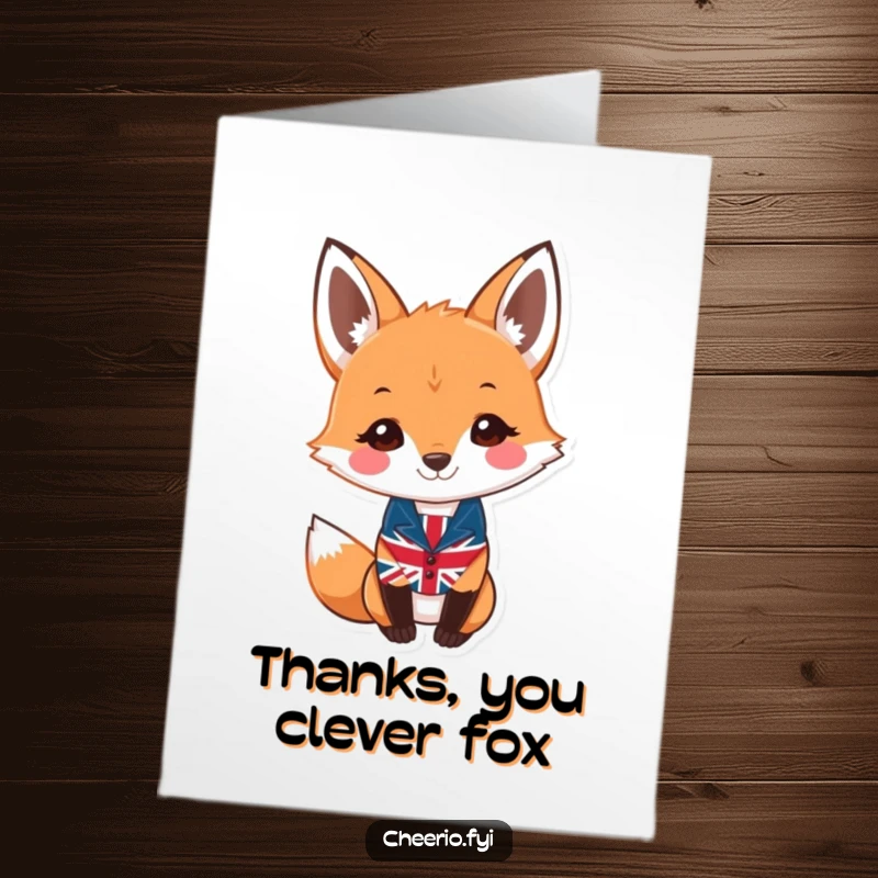 Funny Free Printable Thank You Card of a smiling fox wearing a tiny Union Jack waistcoat, conveying thanks with charm.