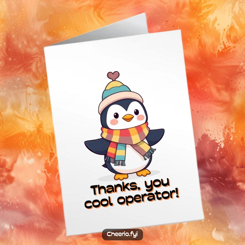 Funny Free Printable Thank You Card: Dapper penguin in a tiny top hat waves a scarf, sending thanks with style, a chic downloadable.