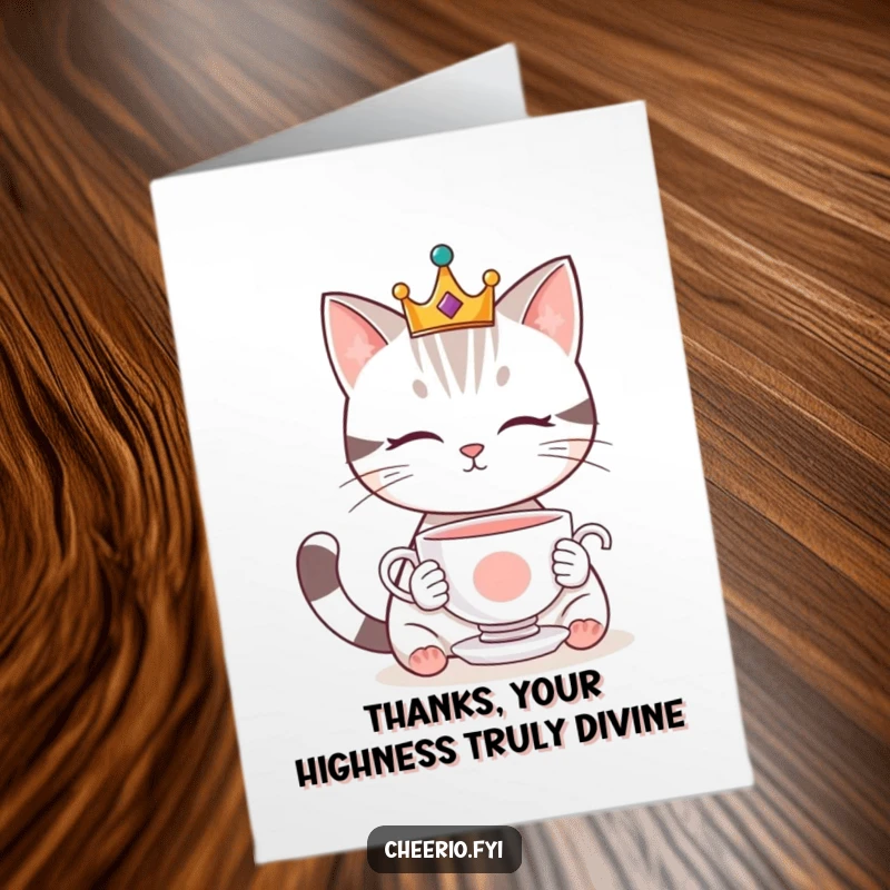 Funny Free Printable Thank You Card with a cute cat wearing a crown staring at a levitating teacup.