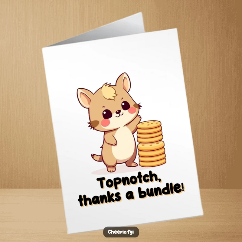 Funny Free Printable Thank You Card: A British animal carefully balances a tall stack of biscuits, offering thanks with a sweet smile.