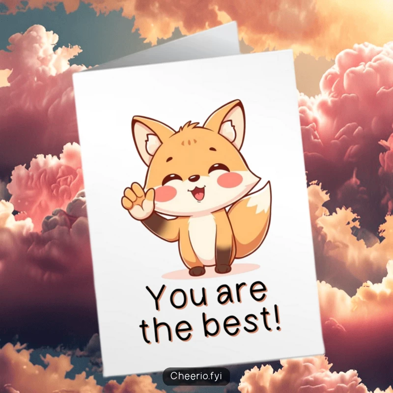Funny Free Printable Thank You Card featuring a happy fox character enthusiastically cheering, sending thanks with gusto.