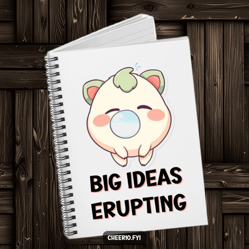 Funny notebook cover featuring a creature with a joyful twinkle, blowing a magical, floating bubble.