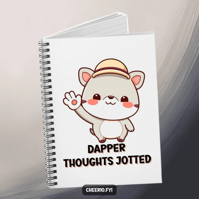Funny notebook with a cheerful animal character wearing a small bowler hat and giving a jaunty wave. Ideal for notes, journaling, and witty ideas.