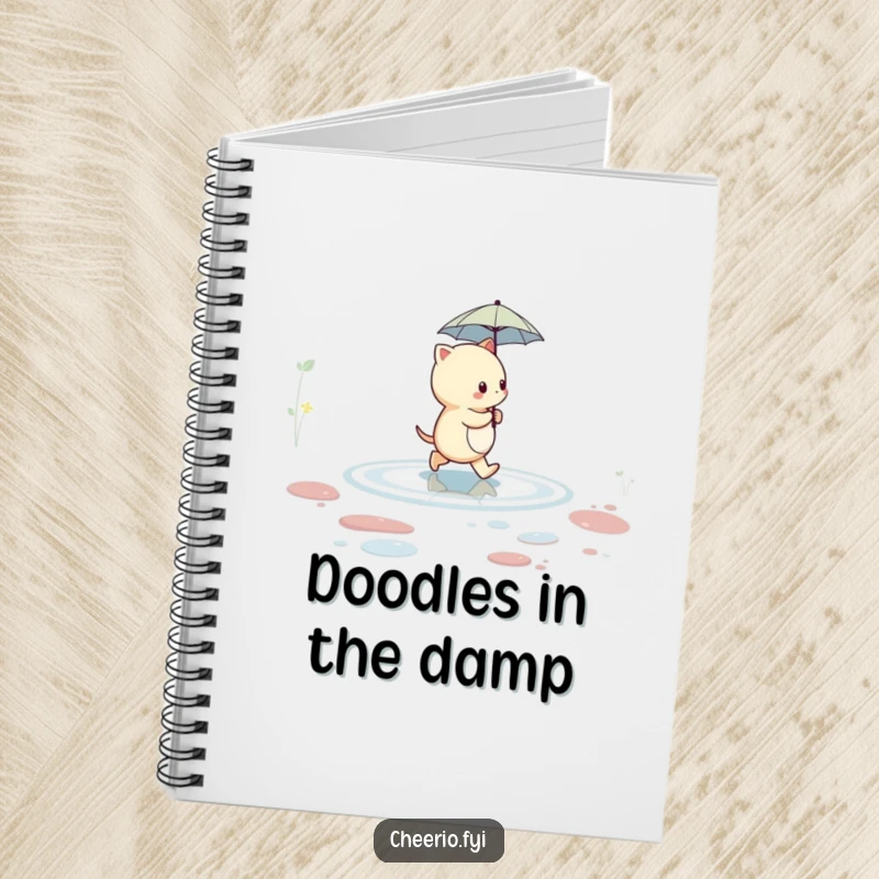 Funny creature holding a small umbrella while walking across a puddle, featured on a humorous notebook cover.