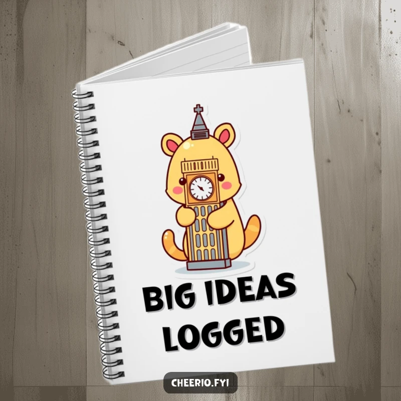 Funny cartoon animal embracing a stylized Big Ben icon, featured on a humorous notebook cover.