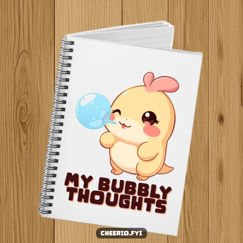 Funny Notebook featuring a creature with a twinkle in its eye, cheerfully blowing a large bubble, perfect for jotting ideas.