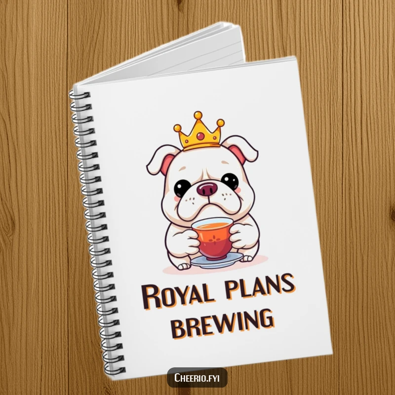 Funny notebook cover with a jolly bulldog wearing a crown, offering a cup of tea, suitable for journaling.