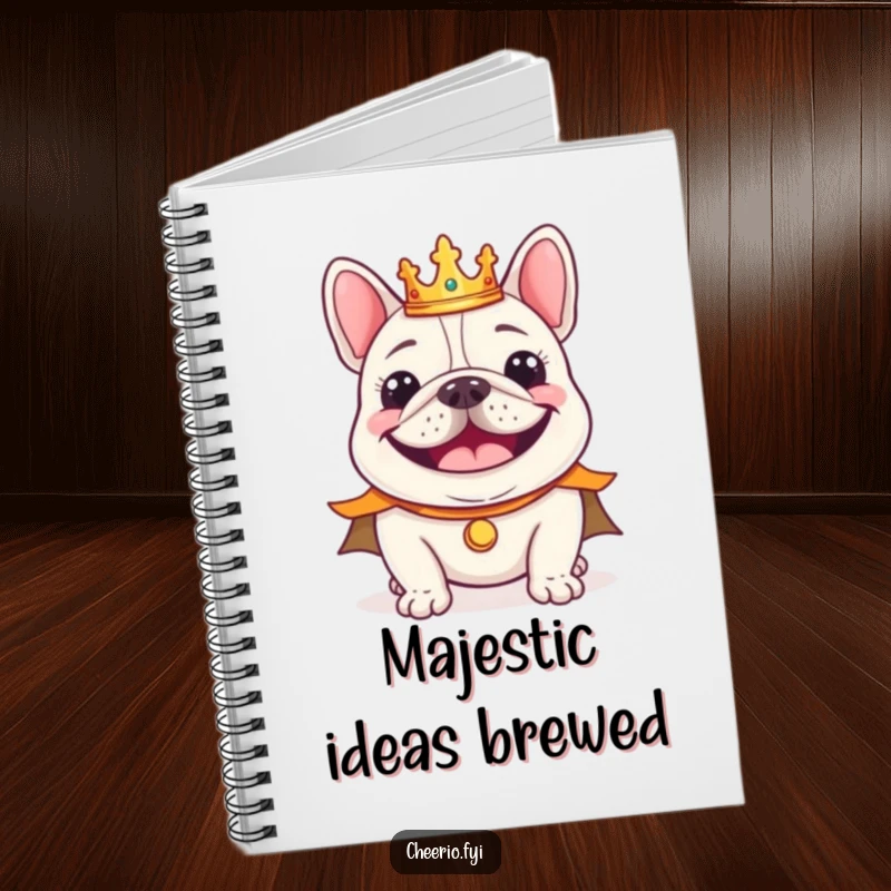 Funny cheerful bulldog wearing a tiny crown and regal cape smiling, a lined notebook for writing.