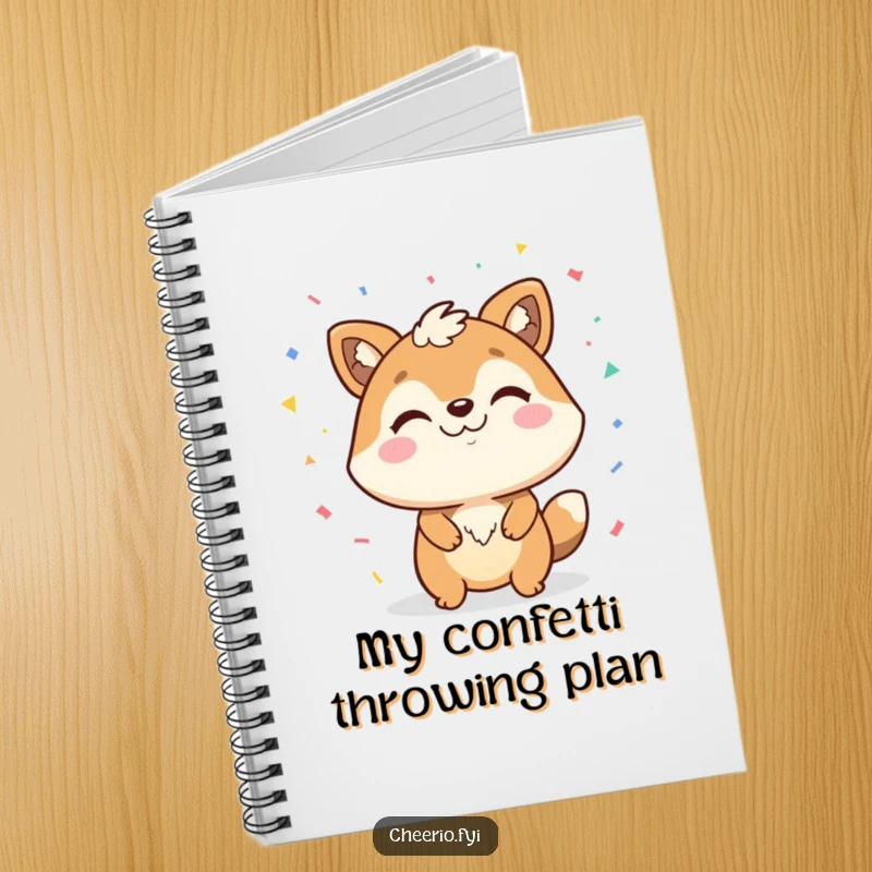 Funny notebook featuring a happy animal with a confident smirk, surrounded by confetti, perfect for writing down celebratory ideas.