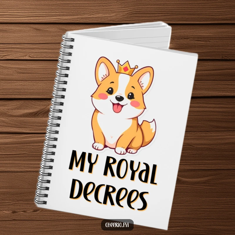 Funny notebook with a cheerful corgi wearing a small crown and wagging its tail, a humorous and practical royal companion.
