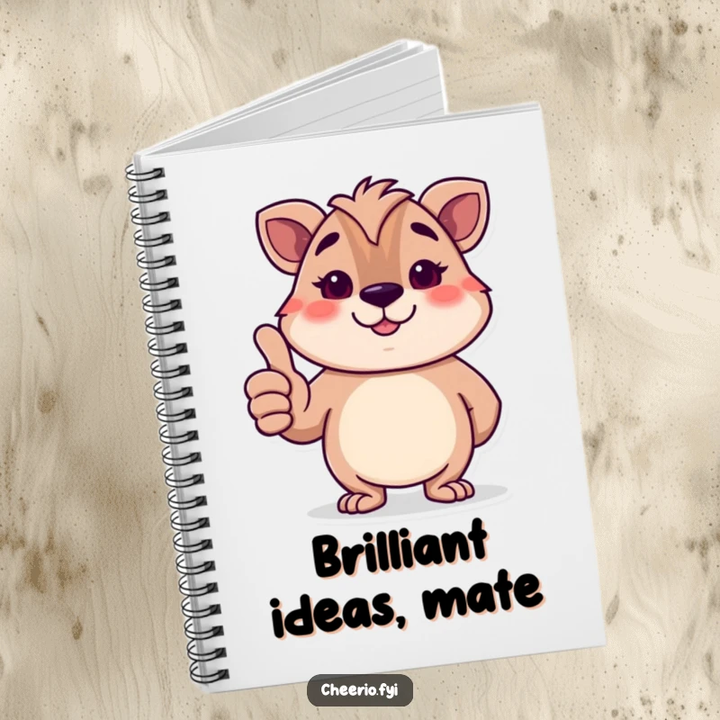 Funny British animal character giving a polite thumbs-up with a smile, a humorous notebook for jotting notes.