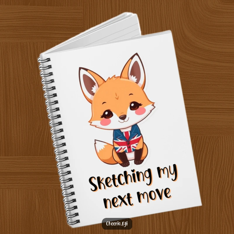 Funny fox notebook with a smiling fox character wearing a small Union Jack waistcoat, perfect for creative writing.