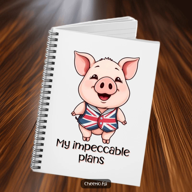 Funny Notebook: A happy pig in a Union Jack waistcoat smiling, a cheerful and humorous writing companion.