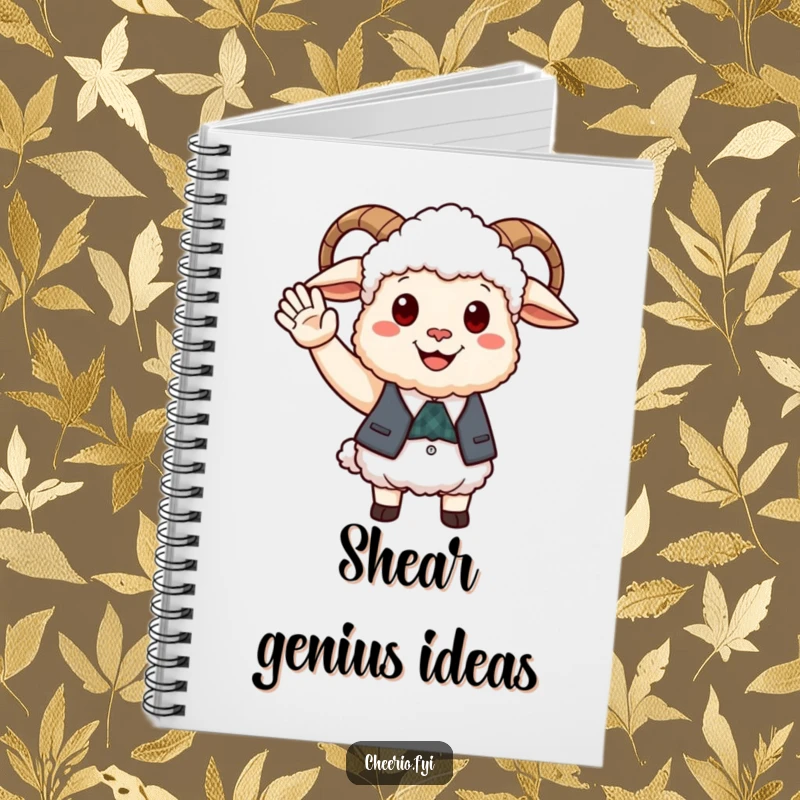 Funny happy sheep wearing a smart waistcoat offering a friendly wave, a lined notebook for writing.