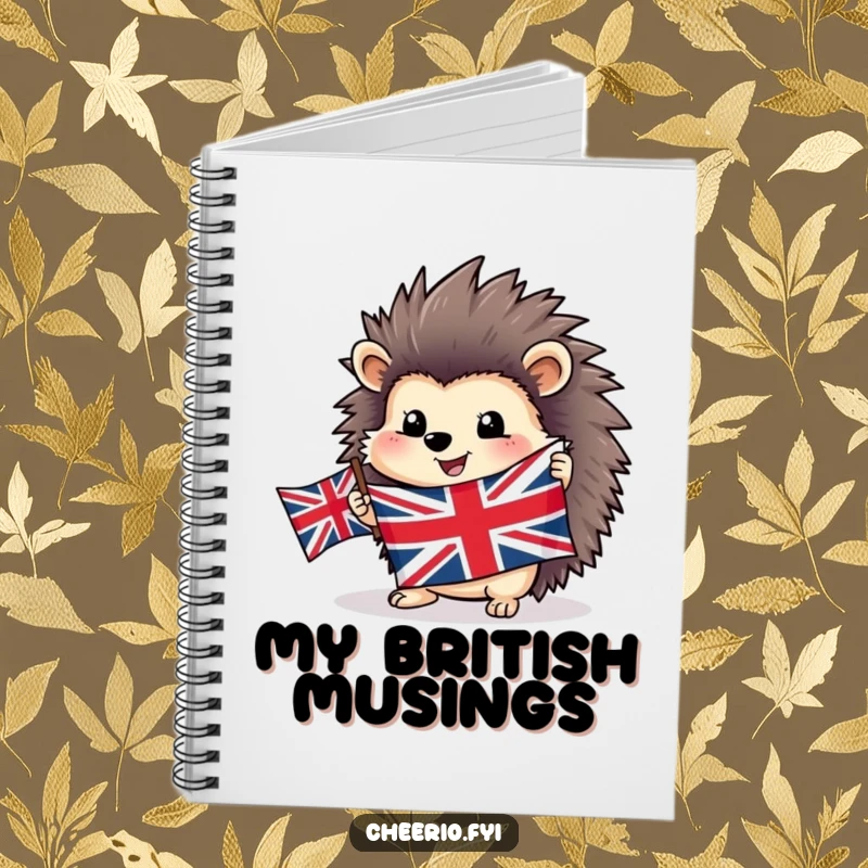 Funny happy hedgehog notebook holding a Union Jack flag, perfect for jotting down ideas with patriotic flair.