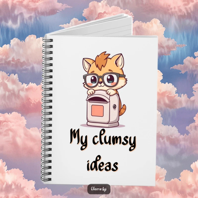 Funny notebook cover featuring a playful animal with oversized spectacles tripping over a small post box, inspiring humor.