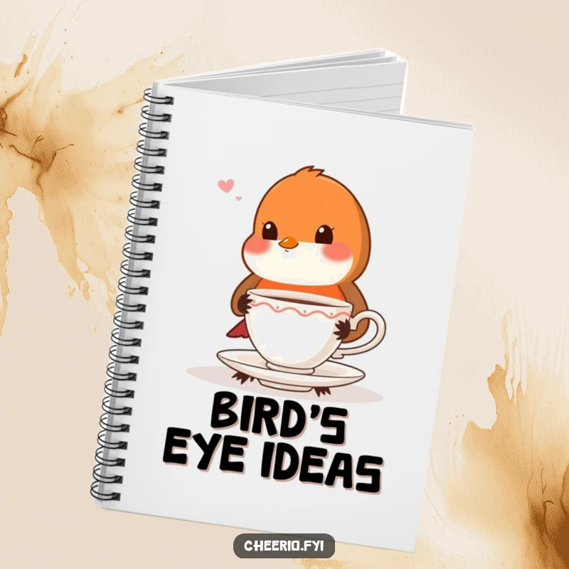 Funny playful robin with very proper posture offering a teacup, a lined notebook for writing.