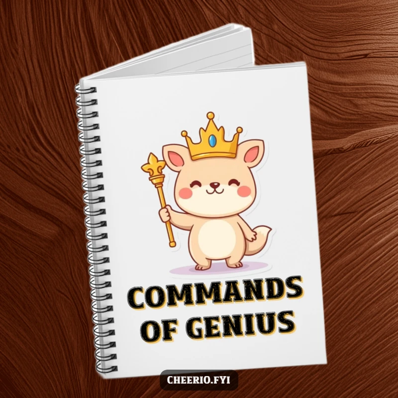 Funny cheerful animal wearing a crown and holding a scepter stands proudly on a cute notebook cover.