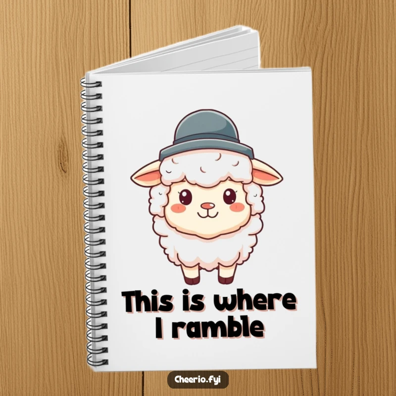Funny sheep notebook with a fluffy sheep character accented by a miniature bowler hat, inspiring creative writing.