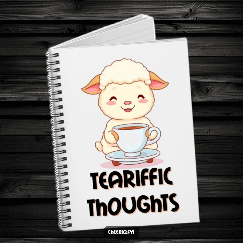 Funny happy sheep sips from a tea cup and saucer on a cute notebook cover, ideal for journaling.